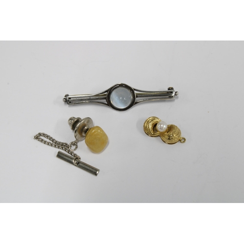 56 - Moonstone brooch and ahardstone stud together with a 9ct gold clasp (3)
