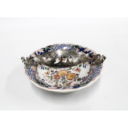 63 - Silver handled Dutch Delft bowl, 16cm diameter