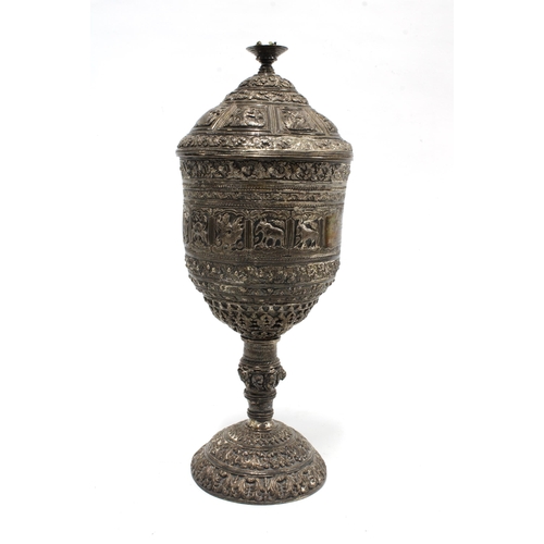 65 - White metal Zodiac chalice cup, inscribed 'Presented by the ladies of Moulmein to the Garrison Races... 