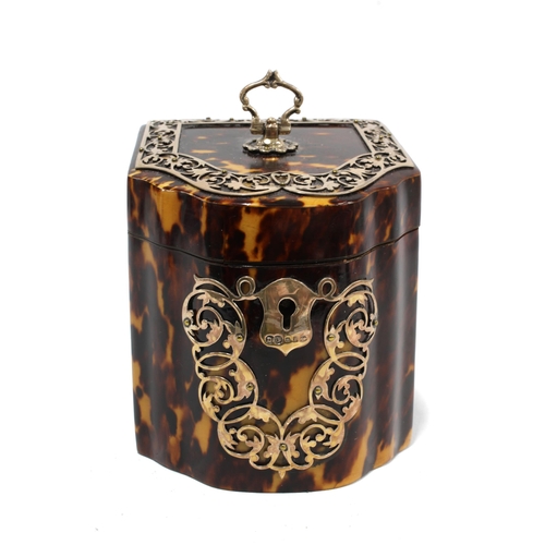 67 - A Victorian silver mounted tortoiseshell tea caddy, in the form of a miniature serpentine knife box,... 