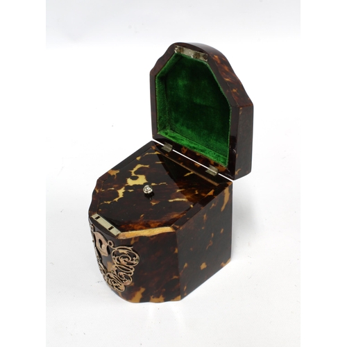 67 - A Victorian silver mounted tortoiseshell tea caddy, in the form of a miniature serpentine knife box,... 