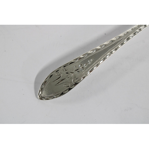 73 - Scottish provincial silver pointed end dessert spoon,  bright cut engraved Old English pattern, Will... 