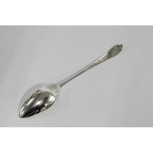 73 - Scottish provincial silver pointed end dessert spoon,  bright cut engraved Old English pattern, Will... 