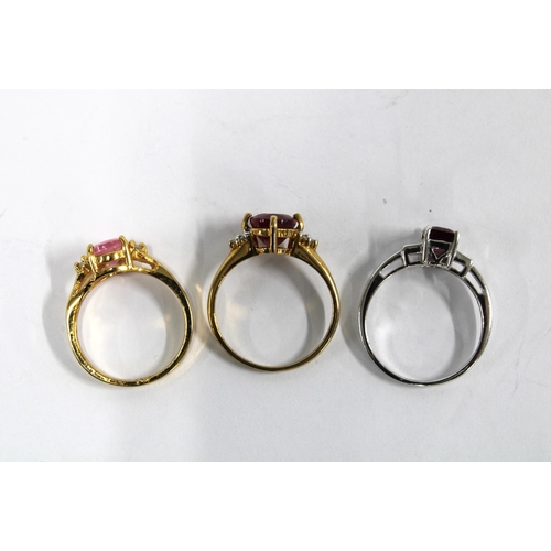 74 - Two 9ct gold gemset rings and another in yellow metal, (3)