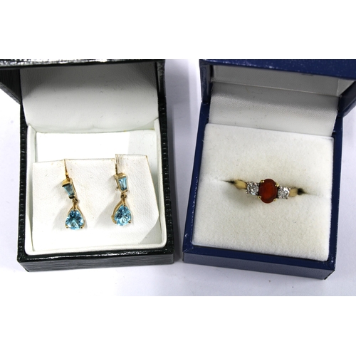 75 - 9ct gold diamond and gemset three stone ring and a pair of gemset  drop earrings (2)