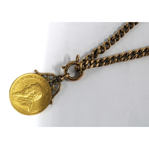 77 - South Africa 1 Pond gold coin in a 9ct gold setting, with a 9ct rose gold watch chain, each link sta... 