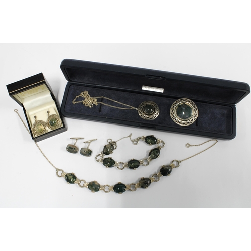 93 - Silver and hardstone brooch with matching pendant necklace and earrings, agate cufflinks and a brace... 