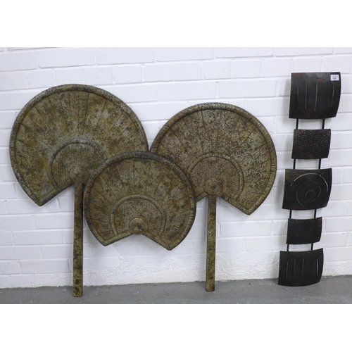 436 - Modern wall art with five square metal panels and another with three fans, 106 x 92cm (2)