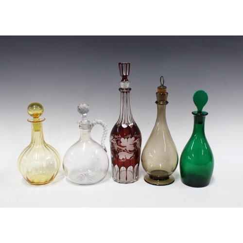 439 - Quantity of coloured glass decanters with stoppers (5)