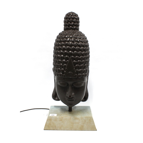 448 - Thai style  buddha head table lamp, on plinth base, 61cm high