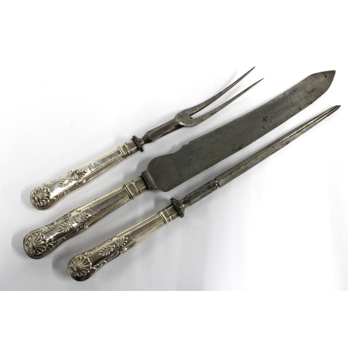 100A - Edwardian Queens pattern silver handled three piece carving set with steel blades,  Sheffield 1902 (... 