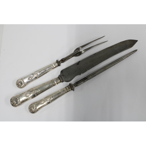 100A - Edwardian Queens pattern silver handled three piece carving set with steel blades,  Sheffield 1902 (... 