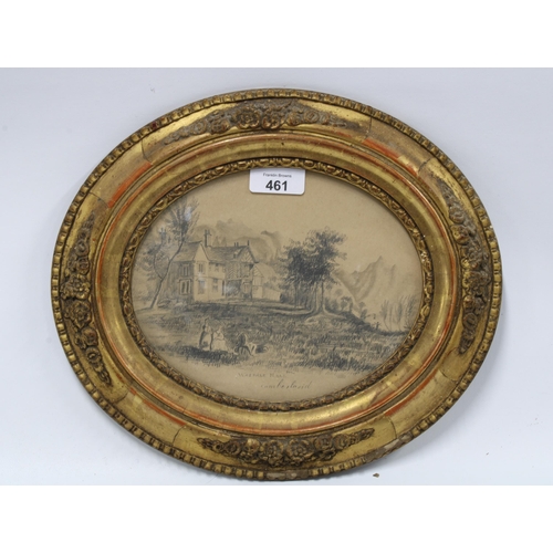 461 - An oval gilt framed sketch of Wasdale Hall, Cumberland , 32 x 27cm.