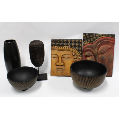 464 - Mixed lot to include an African mask, bowls & buddha  wall plaques. (6)