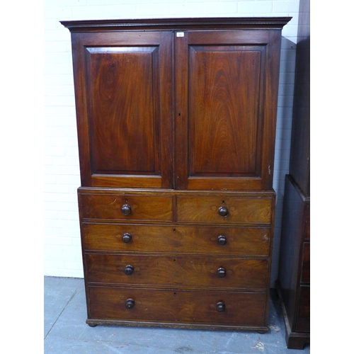 300 - 19th century mahogany linen press, projecting cornice over a pair of panel cupboard doors, internal ... 