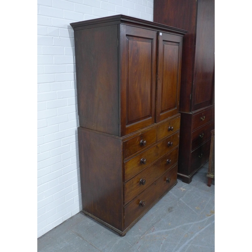 300 - 19th century mahogany linen press, projecting cornice over a pair of panel cupboard doors, internal ... 