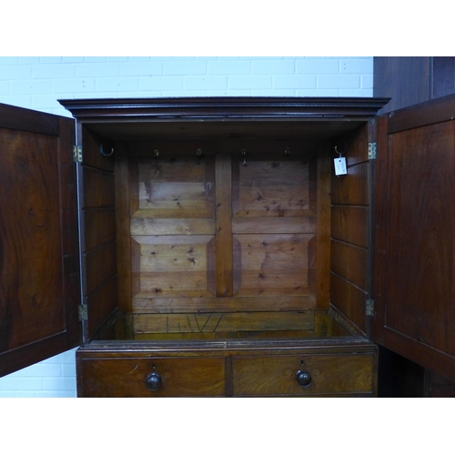 300 - 19th century mahogany linen press, projecting cornice over a pair of panel cupboard doors, internal ... 