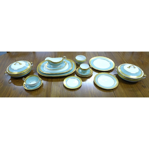 357 - Aynsley Berkeley porcelain dinner service in Nile green, pattern 7364 with matching cups and saucers