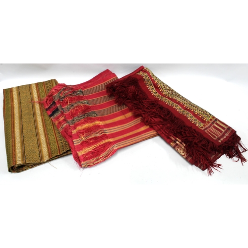 358 - Three Indian textiles with silk threads and tassels, longest is approx 325cm x 88cm,  (3) (dark red ... 