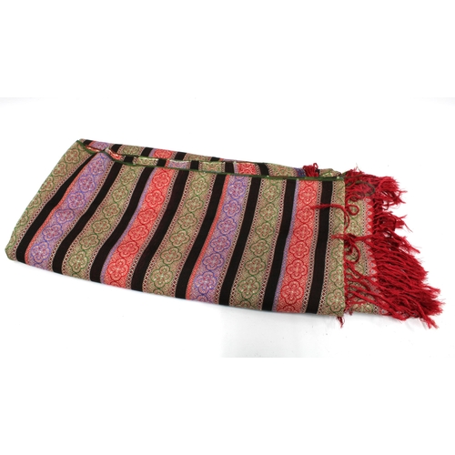 363 - Kashmir shawl, silk embroidered floral bands interspersed with black stripes, fringed ends, 180cm