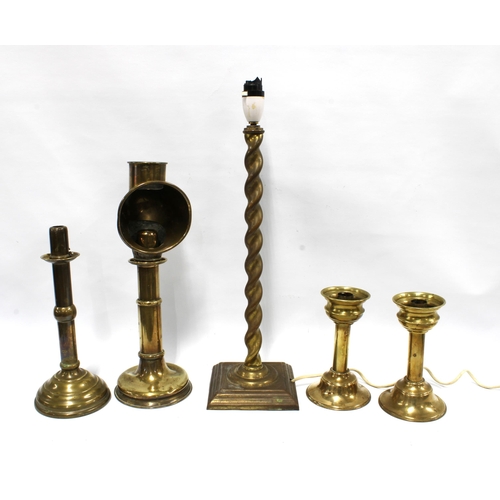 469 - Brass barley twist table lamp, 49cm, together with four brass candlesticks (5)