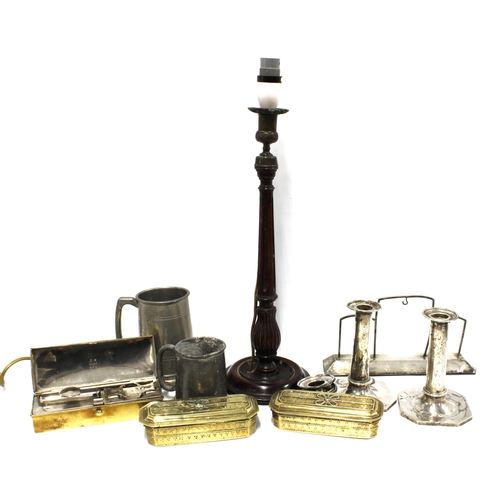 470 - Mixed lot, including a wooden table lamp, silver plate candlesticks, a French brass curling tongs he... 