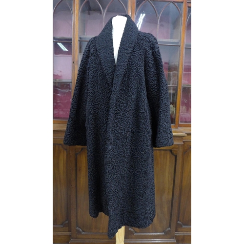 472 - Vintage black Astrakhan wool coat, 110cm collar to hem