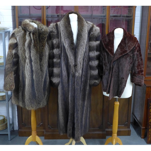 473 - A full length fur coat, mid length jacket and a brown fur cape,  longest 130cm collar to hem (3)