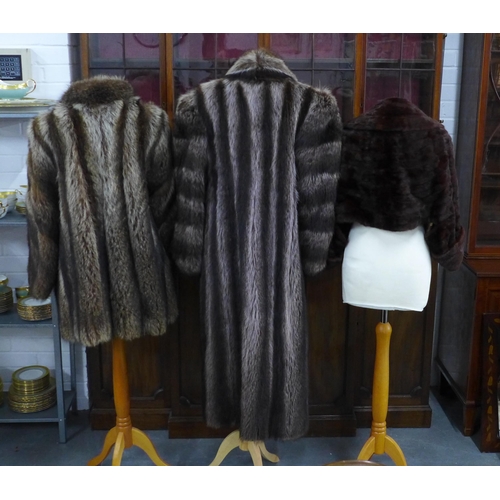 473 - A full length fur coat, mid length jacket and a brown fur cape,  longest 130cm collar to hem (3)