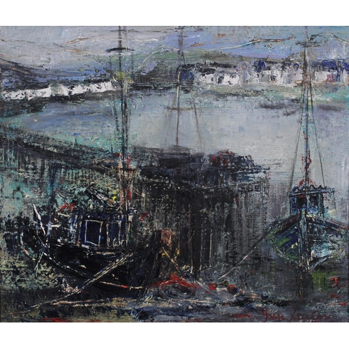 115 - JOAN RENTON R.S.W., S.S.A., S.S.W.A. (SCOTTISH 1935-) HARBOUR SCENE, oil on canvas, signed bottom ri... 