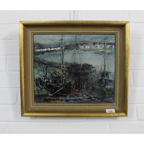 115 - JOAN RENTON R.S.W., S.S.A., S.S.W.A. (SCOTTISH 1935-) HARBOUR SCENE, oil on canvas, signed bottom ri... 