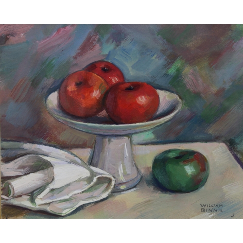 22 - WILLIAM BINNIE (SCOTTISH b.1941) STILL LIFE WITH APPLES, signed gouache, framed under glass and insc... 
