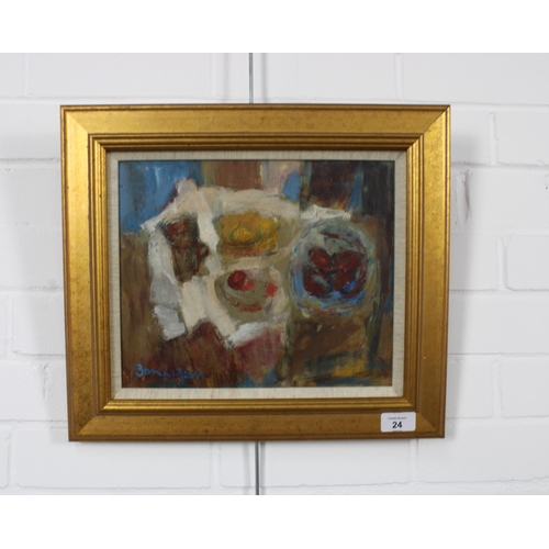 24 - JEAN DONALDSON (SCOTTISH 20TH CENTURY) STILL LIFE WITH STRAWBERRIES, signed oil on board, framed und... 