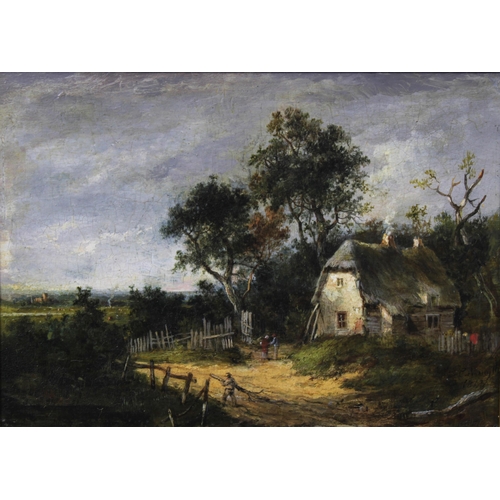 26 - C. NAYSMYTH, untitled Rural Dwelling with figures, signed oil on board, in a giltwood frame, old lab... 
