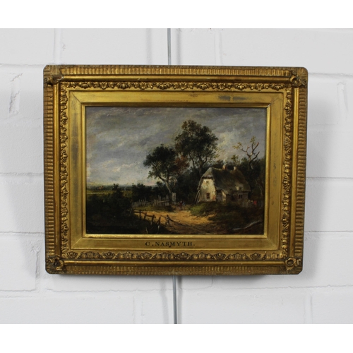 26 - C. NAYSMYTH, untitled Rural Dwelling with figures, signed oil on board, in a giltwood frame, old lab... 
