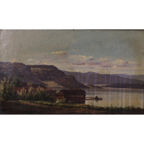 38 - NORSK FJORD, oil on board, apparently unsigned but with label attribution to GUDE, framed, 33 x 20cm