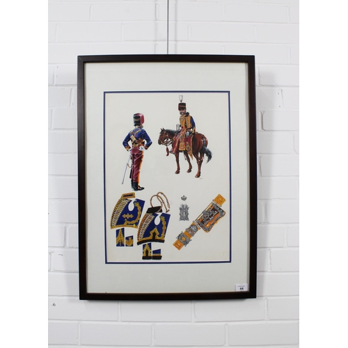 44 - HUSSARS, gouache book illustration, signed with initials CFR, framed under glass, 36 x 50cm