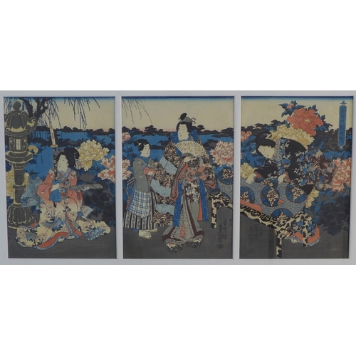 49 - UTAGAWA KUNISADA II (1823 - 1880) TRIPTYCH COURTISAN ADMIRER (Wakamurasaki) colour woodblock on pape... 