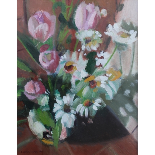 57 - IRENE LESLIE MAIN, (Scottish b.1959), PINK TULIPS, oil on board, signed bottom left and dated 1985, ... 