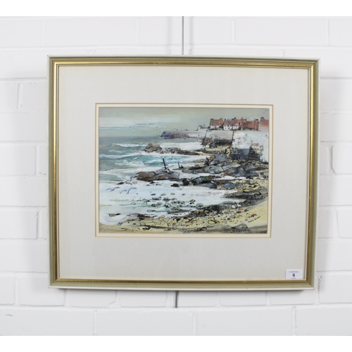 6 - VALERIE FRASER RSW (SCOTTISH b. 1933), WINTER DAY - PITTENWEEM, Mixed media, signed and framed under... 