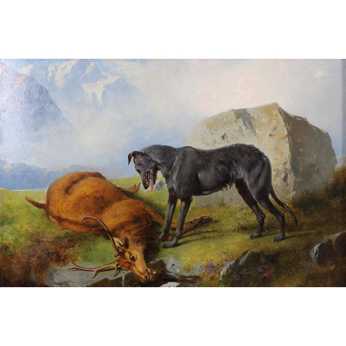 73 - ROBERT HENRY ROE (BRITISH 1793 - 1880) DEERHOUND & STAG IN A HIGHLAND LANDSCAPE, oil on board, appar... 