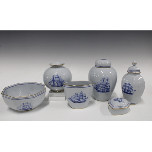 132 - Spode Trade Winds Blue pattern group of four vases, tallest 20cm, together with a heart shaped trink... 