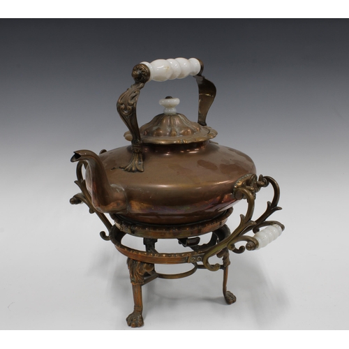 148 - A large copper spirit kettle on stand, the lid with with makers mark 'Mather London Manufacture' 38 ... 