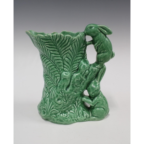 149 - Sylvac green glazed moulded jug with rabbits handle, impressed marks and model number 1978, 22cm