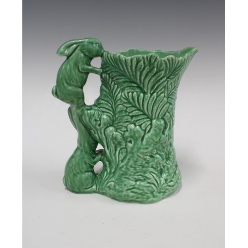 149 - Sylvac green glazed moulded jug with rabbits handle, impressed marks and model number 1978, 22cm