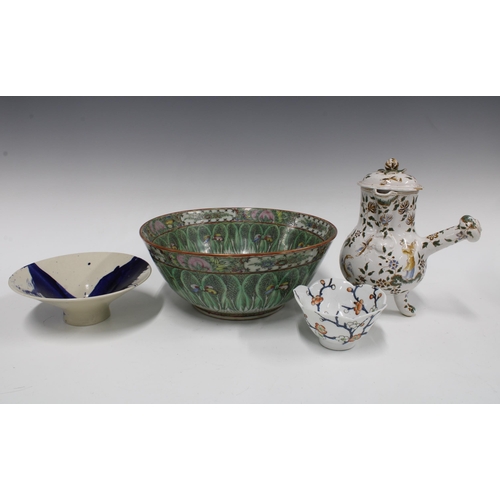 165 - Chinese famille verte bowl, a modern blue and white bowl, Japanese prunus pattern bowl and a faience... 