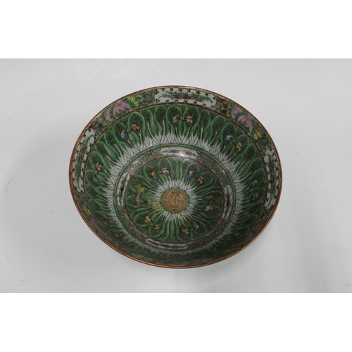 165 - Chinese famille verte bowl, a modern blue and white bowl, Japanese prunus pattern bowl and a faience... 