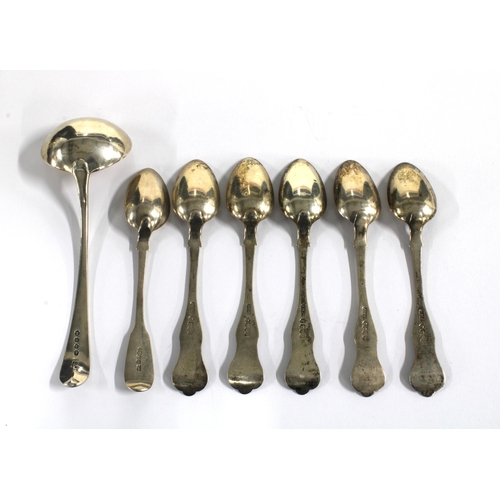 2 - Georgian silver sauce ladle, London 1807, a Victorian silver teaspoon, Edinburgh 1844 and five silve... 