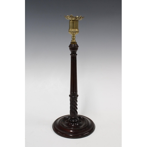 353 - Mahogany column candlestick with brass sconce, 36cm