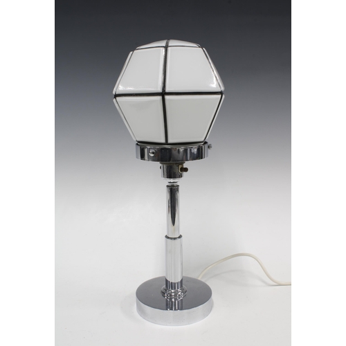 356 - Art Deco chrome table lamp with an hexagonal white and black glass shade, 38cm including shade